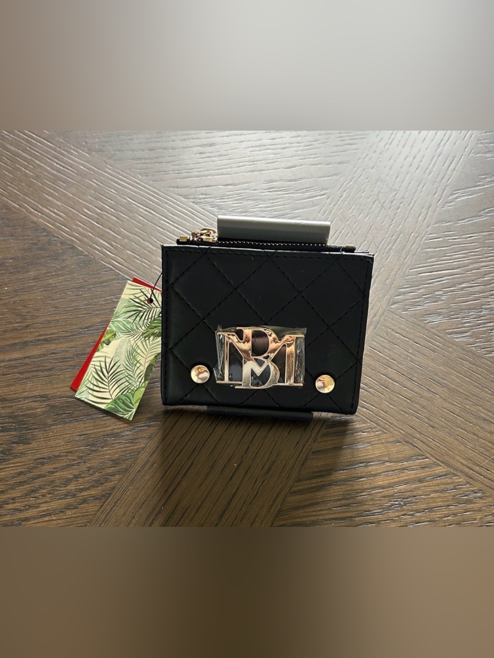 Badgley Mischka NWT Black Quilted Bifold Wallet with Gold Logo